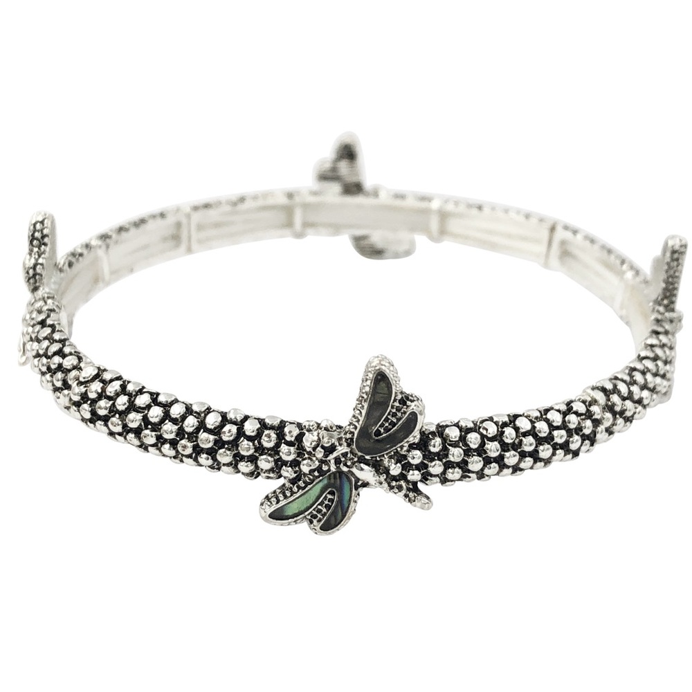 Dragonfly Abalone Shell Inlay Silver Tone Stretch Bracelet